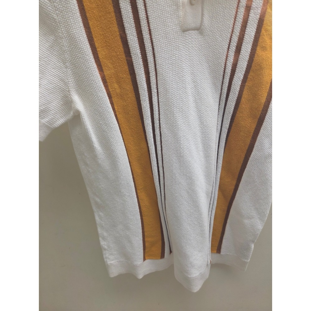 Topman Mens White Knit Polo Shirt Mustard Brown Vertical Stripe Retro Size M - Picture 4 of 8